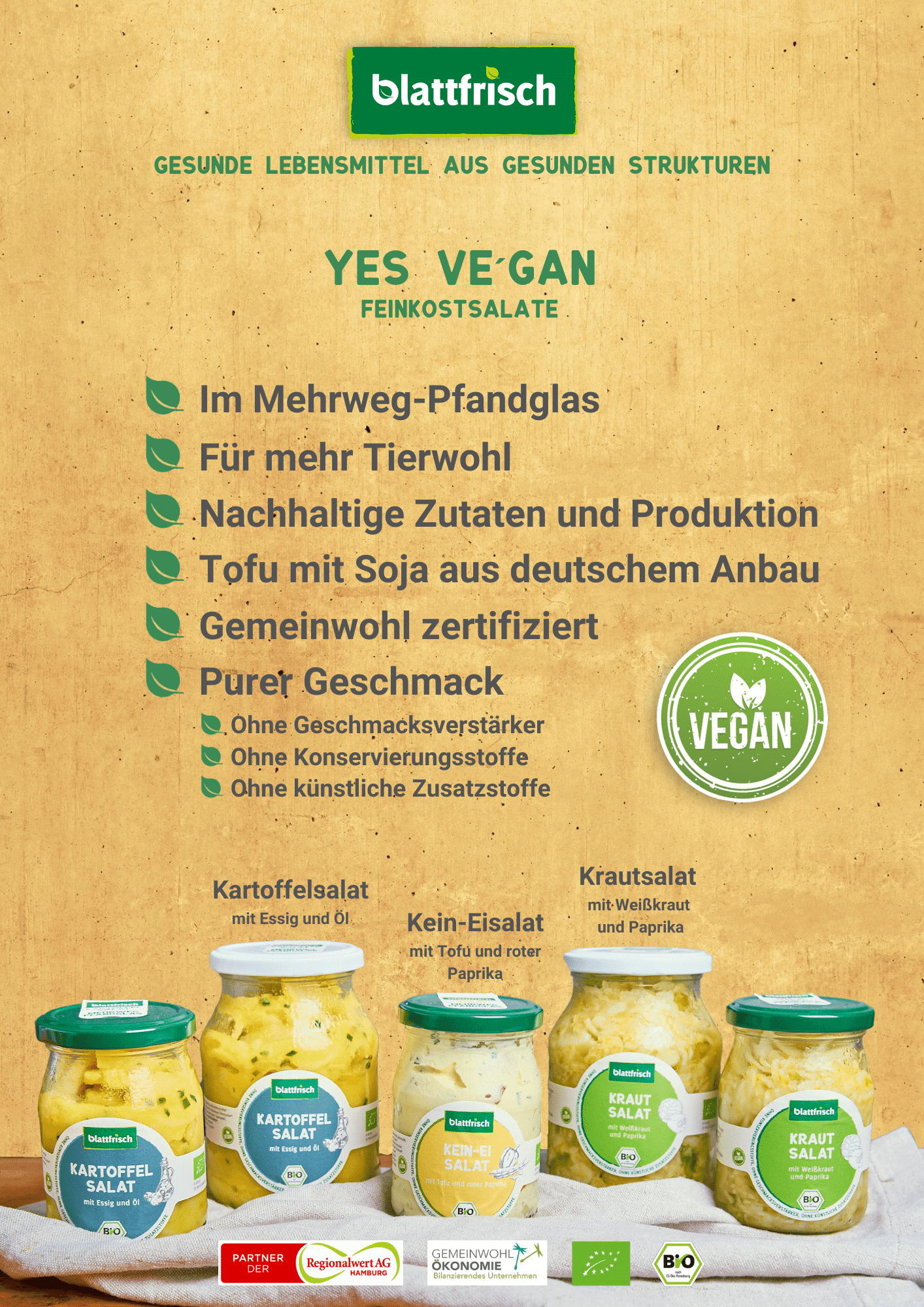 Unsere Vegane Linie: Feinkostsalate im Pfandglas